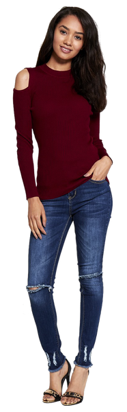 Deep red long-sleeved cut-out shoulder ribbed knitted top - a stylish and cozy addition to your wardrobe.