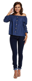 Shirts & Tops, Dark Blue Denim Off Shoulder Ruffle Sleeve Top - IkoChic