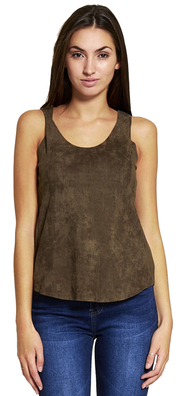 Faux suede sleeveless cami top - versatile and chic fashion for any occasion. Comes in Khaki and Camel colours.