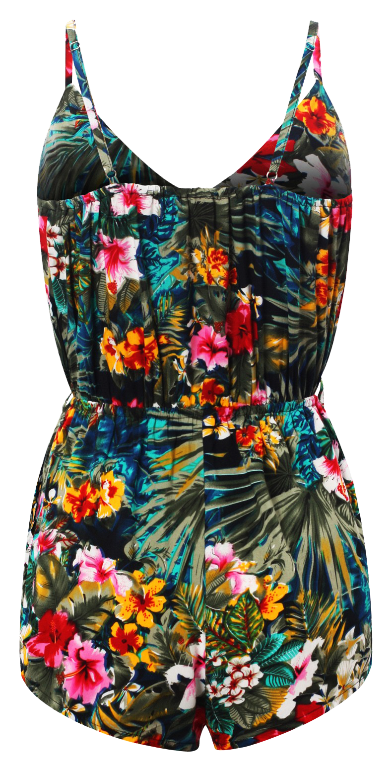 Playsuit, Sleeveless Tropical Print Playsuits with straps & pockets - IkoChic