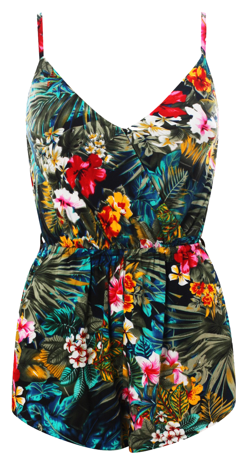Playsuit, Sleeveless Tropical Print Playsuits with straps & pockets - IkoChic