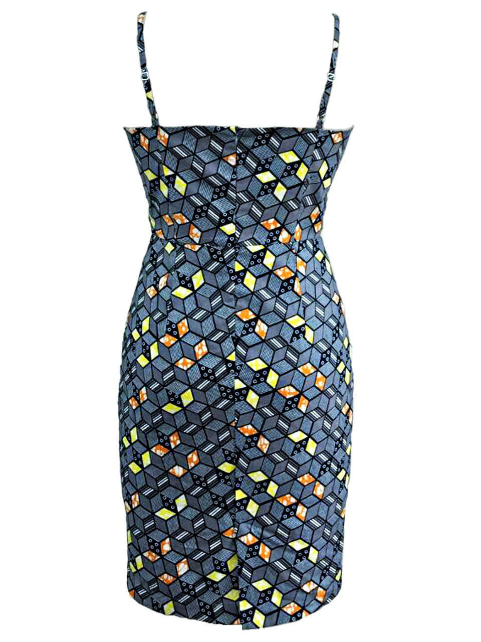 IkoChic grey multicolored bodycon dress with adjustable straps, v-cut chest area,
hidden back zip, and back slit. Back view.