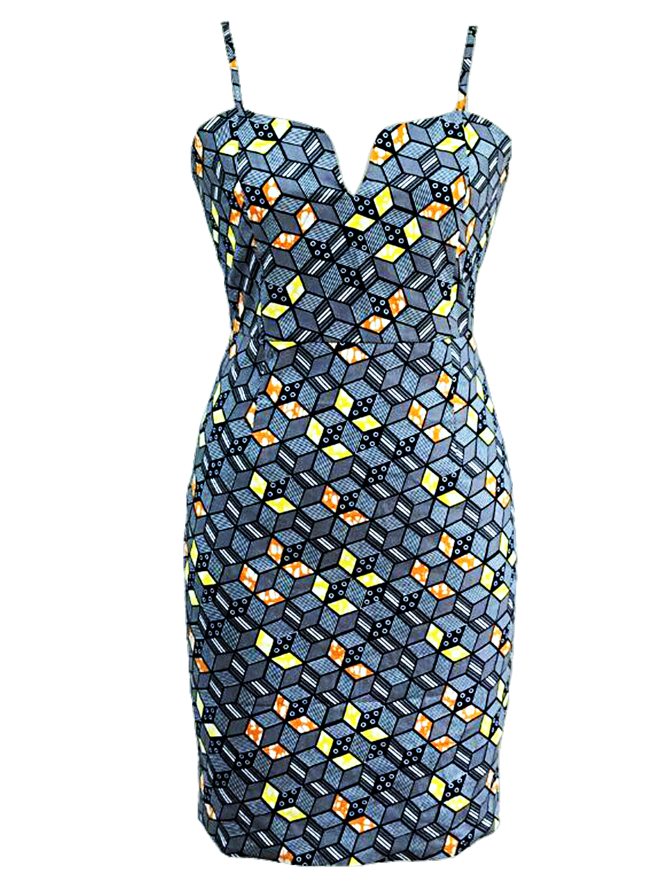 IkoChic grey multicolored bodycon dress with adjustable straps, v-cut chest area,
hidden back zip, and back slit. Front view.