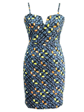 IkoChic grey multicolored bodycon dress with adjustable straps, v-cut chest area,
hidden back zip, and back slit. Front view.