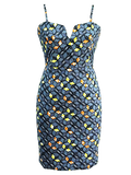 IkoChic grey multicolored bodycon dress with
adjustable straps, v-cut chest area,
hidden back zip, and back slit.