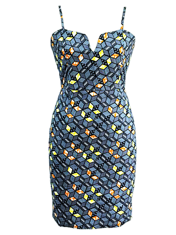 IkoChic grey multicolored bodycon dress with
adjustable straps, v-cut chest area,
hidden back zip, and back slit.