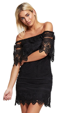 Black Bardot off-shoulder knitted floral lace mini bodycon dress for evening parties and date nights from IkoChic.