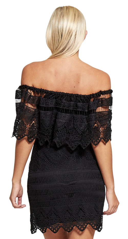 Black Bardot off-shoulder knitted floral lace mini bodycon dress for evening parties and date nights from IkoChic.
