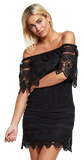 Black Bardot off-shoulder knitted floral lace mini bodycon dress for evening parties and date nights from IkoChic.