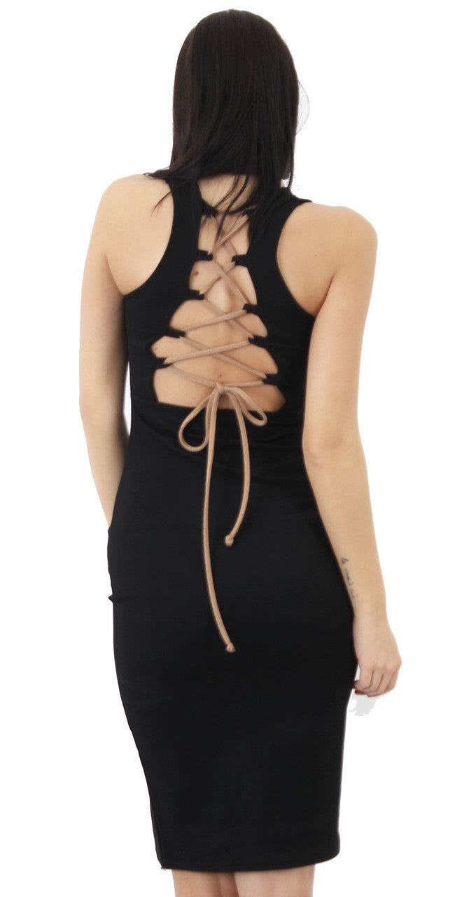 Dresses, Lace Up Back Bodycon Midi Dress - IkoChic