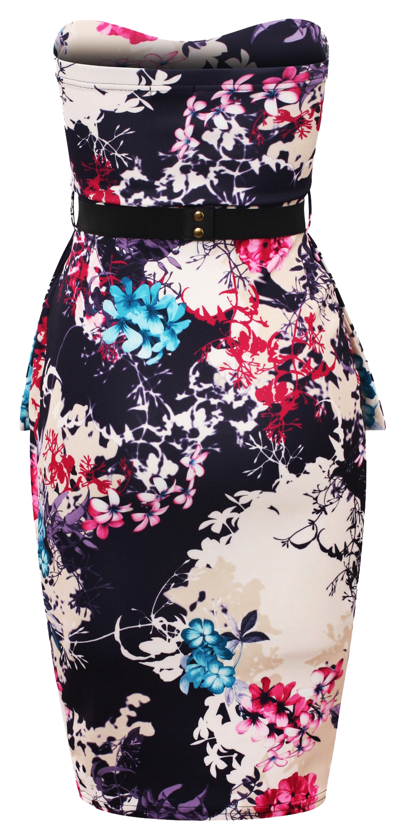 Dresses, Front Pleat Frill Oriental Floral Strapless Dress with a Gold Belt Bandeau - IkoChic