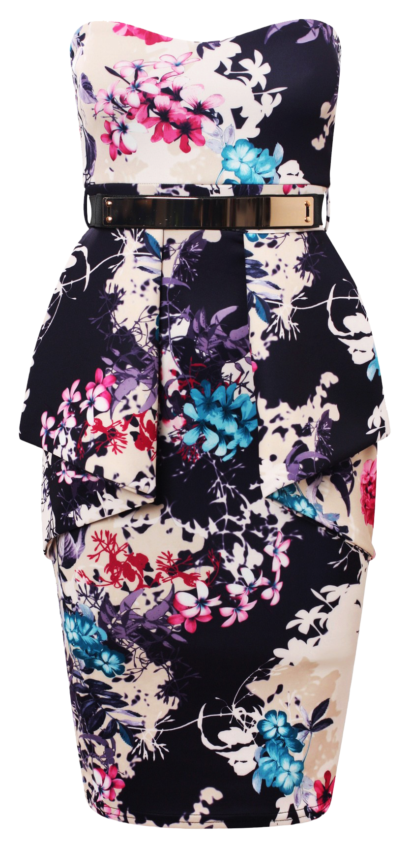 Dresses, Front Pleat Frill Oriental Floral Strapless Dress with a Gold Belt Bandeau - IkoChic