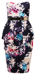 Dresses, Front Pleat Frill Oriental Floral Strapless Dress with a Gold Belt Bandeau - IkoChic