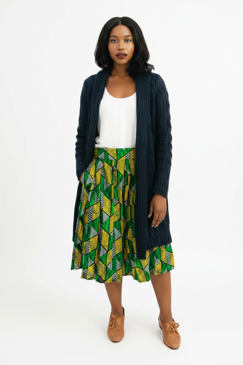 Skirts, Ethnic Vintage Pleated Kitenge Midi Skirt with Pockets - IkoChic