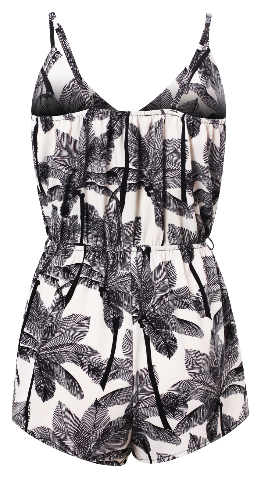 Playsuit, Sleeveless Tropical Print Playsuits with straps & pockets - IkoChic