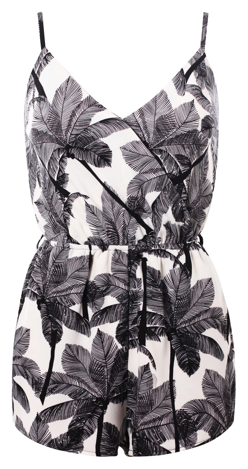 Playsuit, Sleeveless Tropical Print Playsuits with straps & pockets - IkoChic
