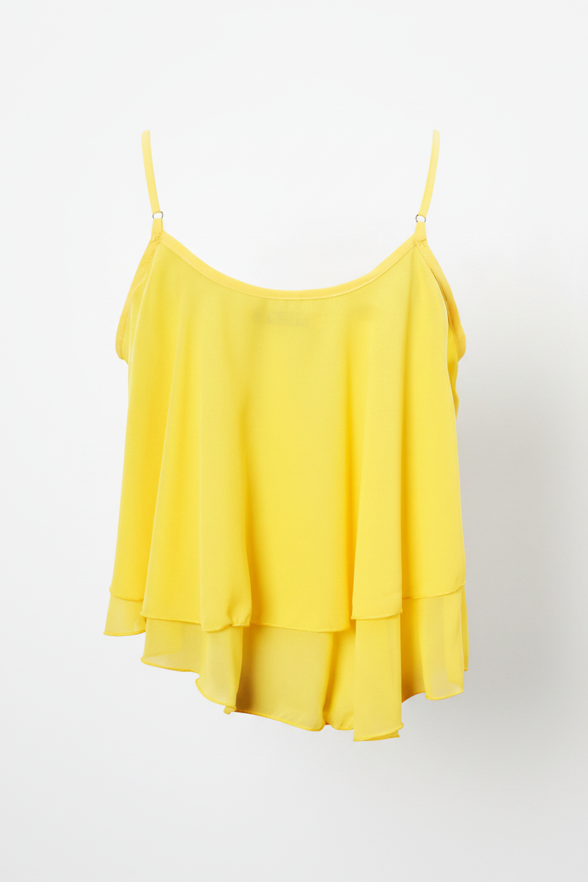 Shirts & Tops, Yellow Asymmetric Frill Tribal Embroidery Sleeveless Crop Top - IkoChic