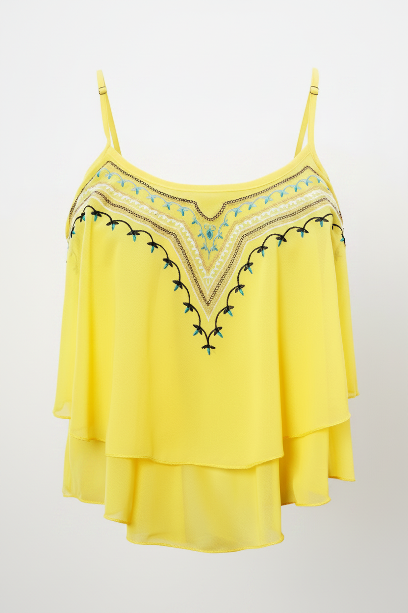 Shirts & Tops, Yellow Asymmetric Frill Tribal Embroidery Sleeveless Crop Top - IkoChic