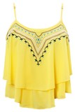 Shirts & Tops, Yellow Asymmetric Frill Tribal Embroidery Sleeveless Crop Top - IkoChic